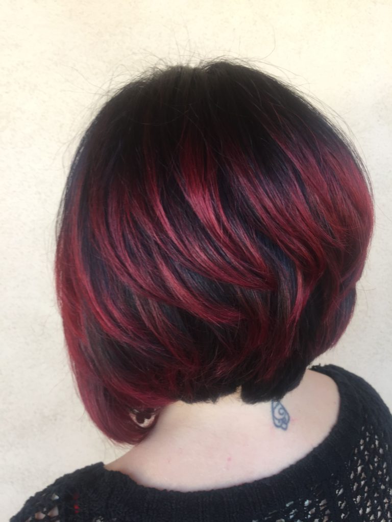 Crimson Ombre Highlights for Dark Bob Hair